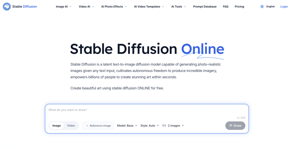 Stable Diffusion Online homepage showing a text box to input prompts and options for image generation settings.