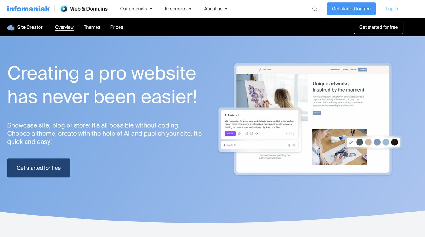 Website creation platform showcasing an AI assistant, emphasizing ease of use for building sites without coding.