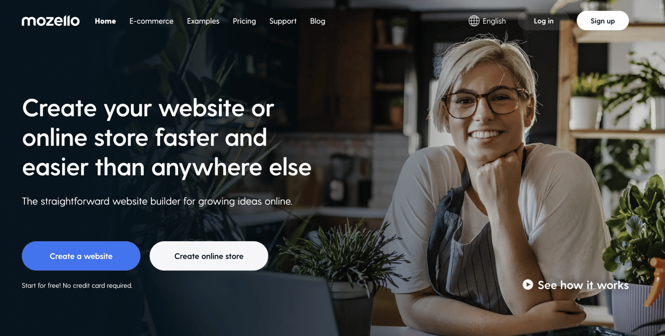 Mozzelo homepage featuring  person sitting thoughtfully at a desk, surrounded by plants and a laptop, with a website design promotion in the background.