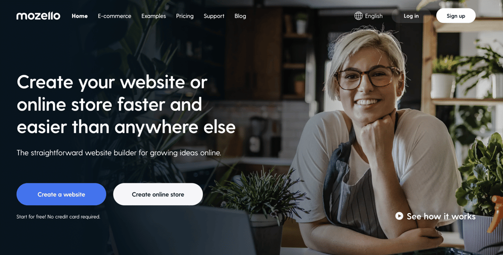 Mozzelo homepage featuring person sitting thoughtfully at a desk, surrounded by plants and a laptop, with a website design promotion in the background.