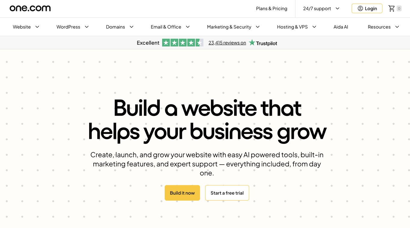 One.com homepage says, " Build a website that helps your business grow. Create, launch, and grow your website with easy AI-powered tools, built-in marketing features, and expert support &mdash; everything included, from day one.