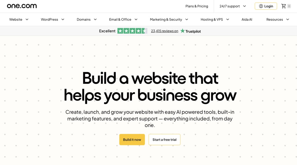 One.com homepage says, " Build a website that helps your business grow. Create, launch, and grow your website with easy AI-powered tools, built-in marketing features, and expert support — everything included, from day one.