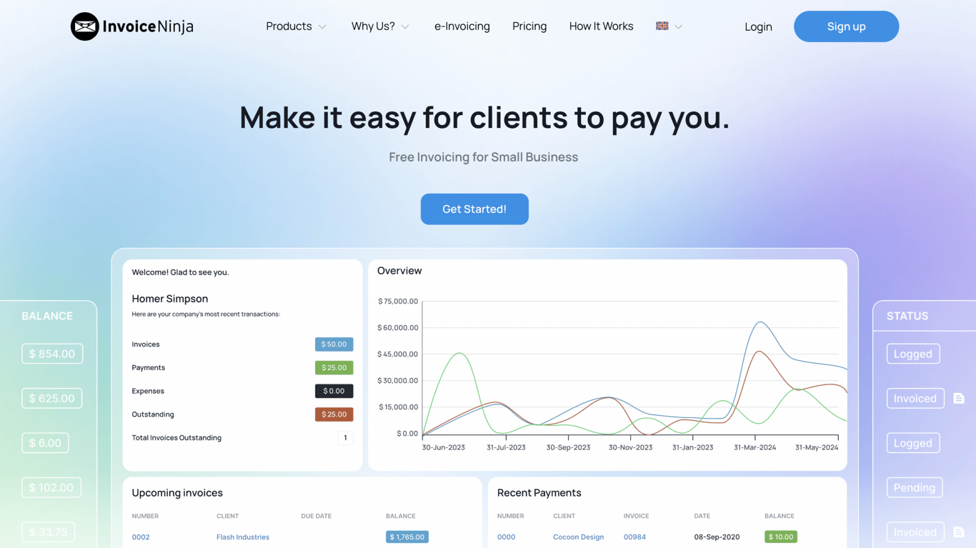 Invoice Ninja homepage showing client payment dashboard with balance, invoices, payments, and financial overview graph.