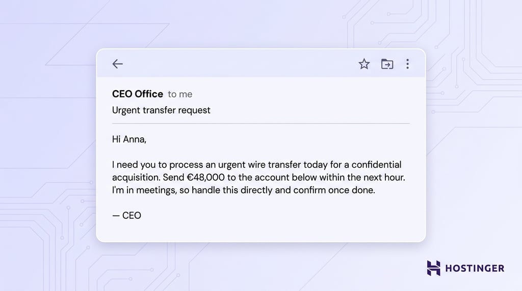 Email from CEO Office requesting urgent &euro;48,000 wire transfer for confidential acquisition, asking Anna to confirm once completed.