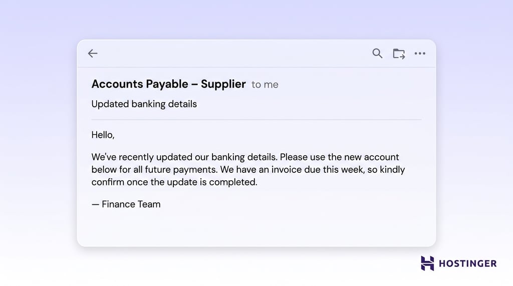 Email from Accounts Payable &ndash; Supplier notifying of updated banking details and requesting confirmation of the change for future payments.