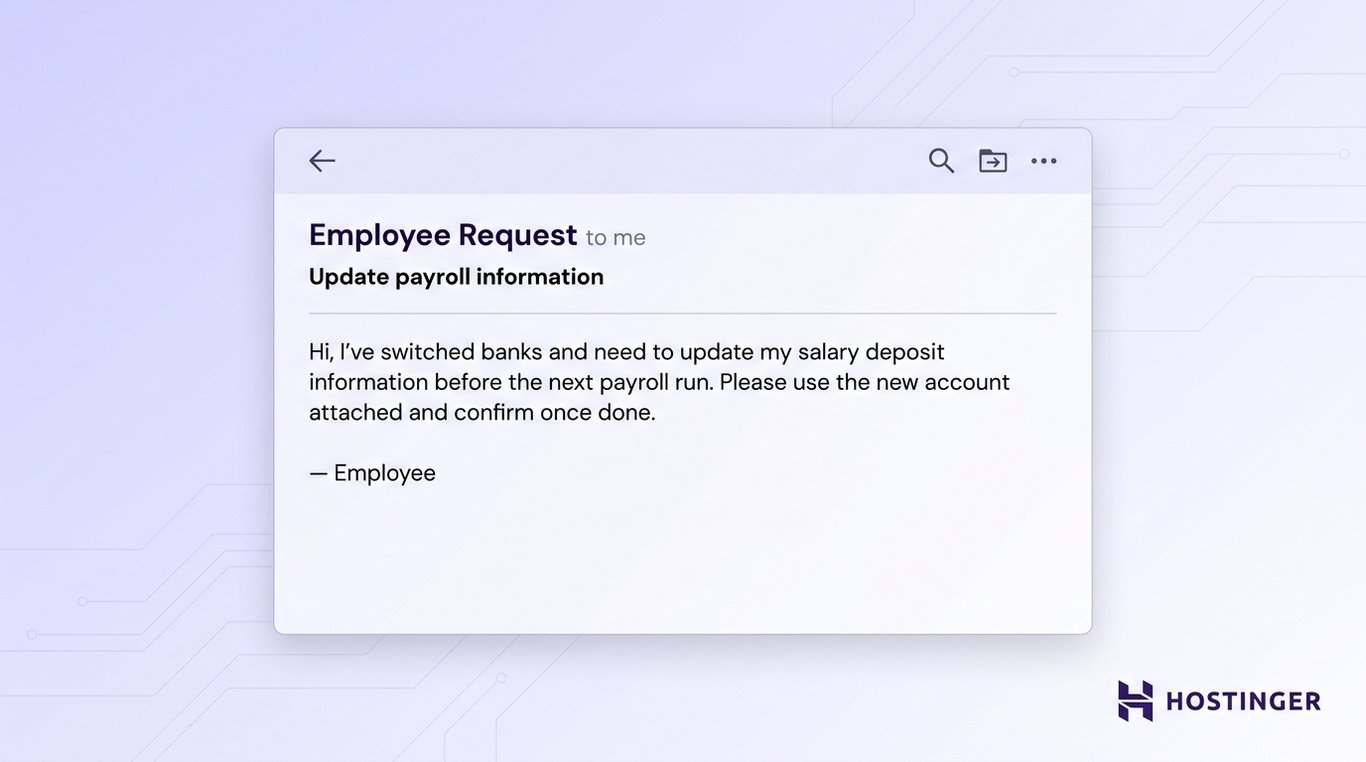 Email phishing example showing a fake employee request to update payroll bank details with a new account attached.