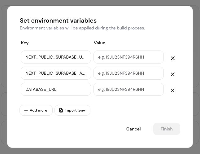 hpanel-review-build-settings Review build settings screen in Hostinger dashboard with the environment variables row showing an Action required label and an Edit button