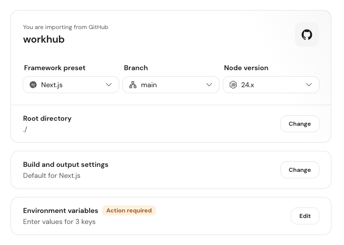 Set environment variables dialog in Hostinger dashboard with three automatically detected keys and empty value fields