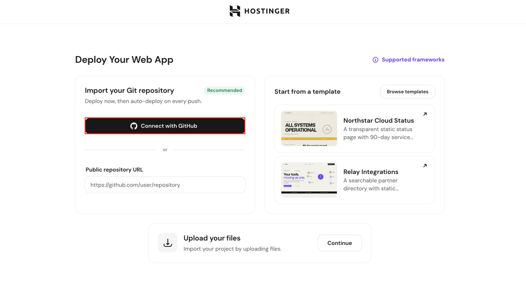 hpanel-deploy-your-node-js-web-app-connect-with-github The Import your Git repository option with Connect with GitHub button selected in Hostinger dashboard