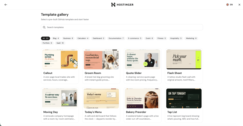 The available Node.js templates in Hostinger