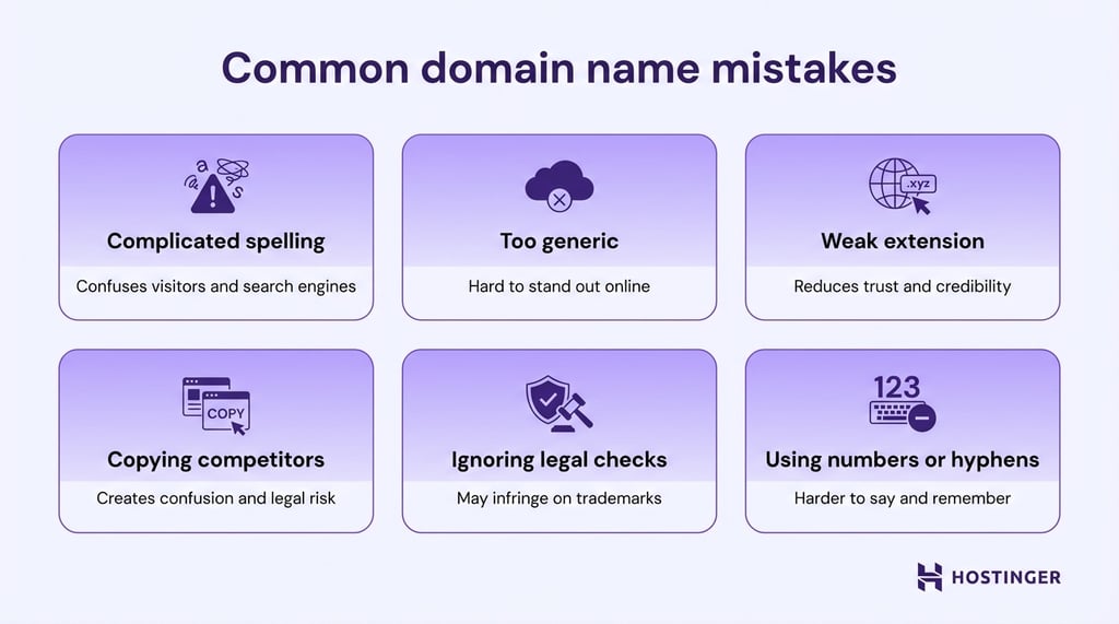 Common domain name mistakes include complicated spelling, too generic, weak extension, copying competitors, ignoring legal checks, and using numbers or hyphens.