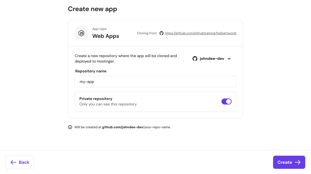 The Create new app window in hPanel