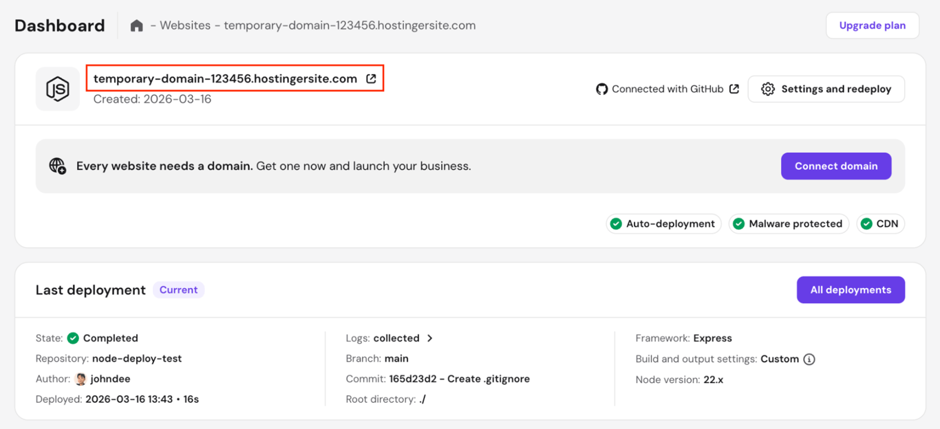 hpanel-node-js-websites-temporary-domain-highlighted The temporary domain in the Node.js dashboard of hPanel