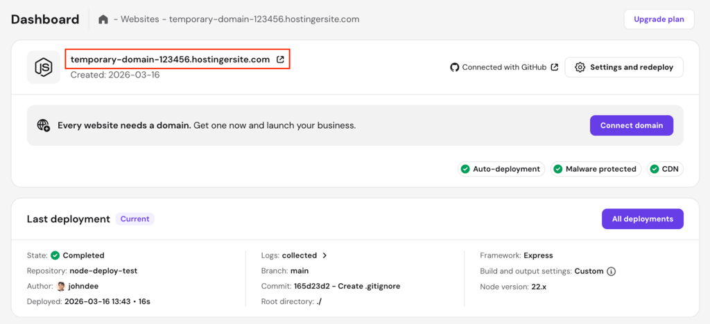 hpanel-node-js-websites-temporary-domain-highlighted The temporary domain in the Node.js dashboard of hPanel