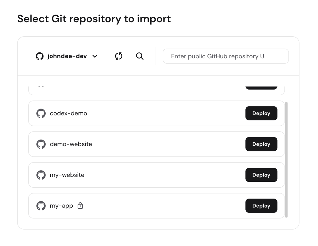 The Select Git repository to import window in hPanel
