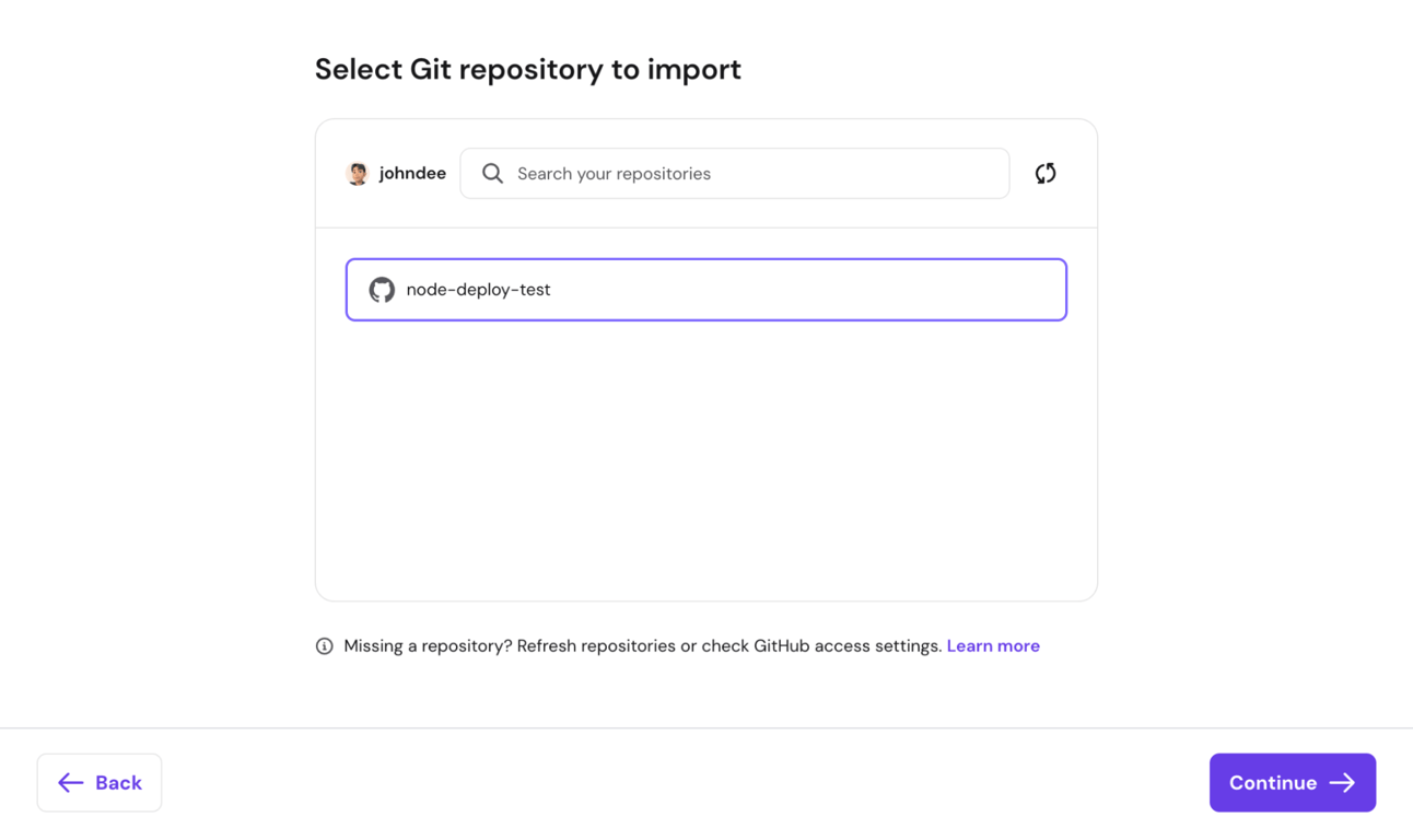 hpanel-select-git-repository-to-import The Select Git repository to import dialog in hPanel's Node.js web app deployment menu