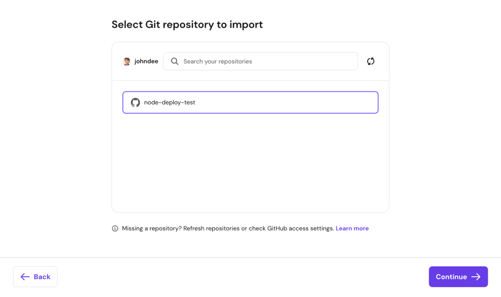 hpanel-select-git-repository-to-import The Select Git repository to import dialog in hPanel's Node.js web app deployment menu