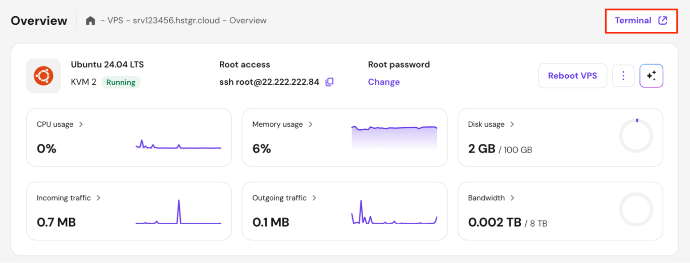 hpanel-vps-overview-terminal-highlighted The browser terminal button in hPanel's VPS dashboard