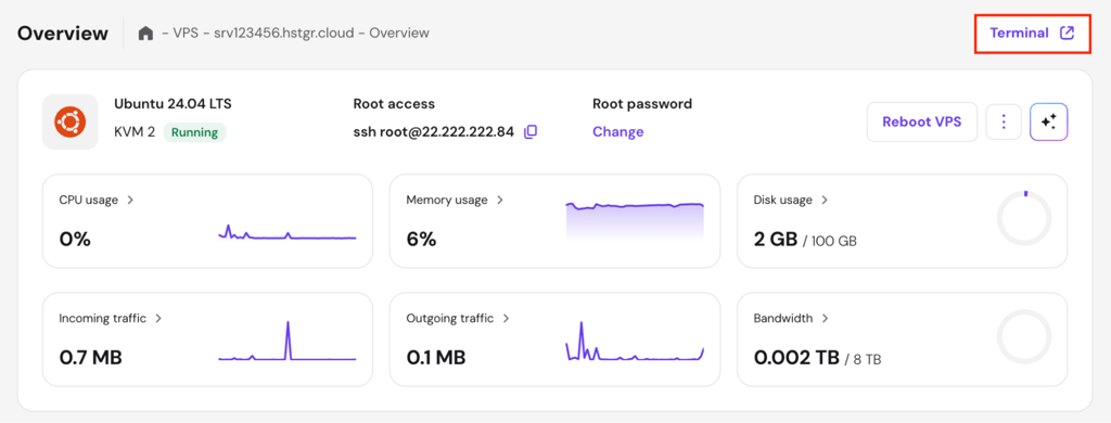 hpanel-vps-overview-terminal-highlighted The browser terminal button in hPanel's VPS dashboard