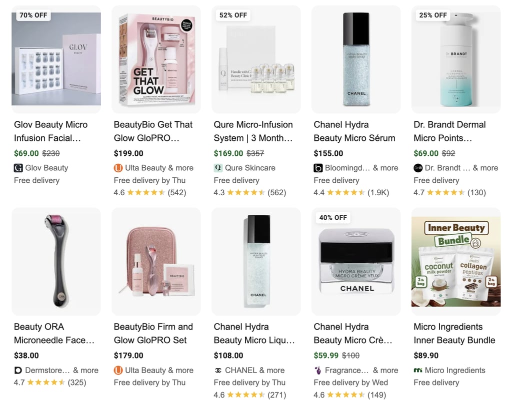 A grid of skincare products featuring serums, rollers, and bundles, with varying discounts and prices displayed.