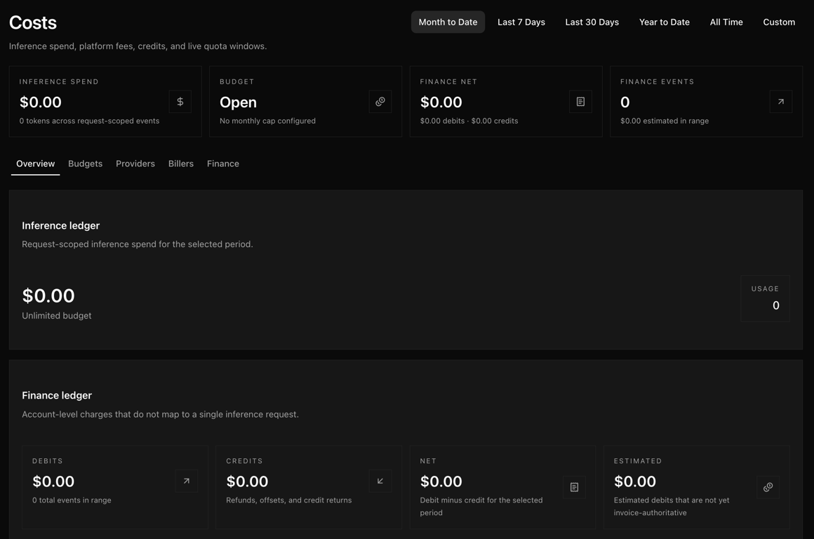 The Costs menu on Paperclip dashboard
