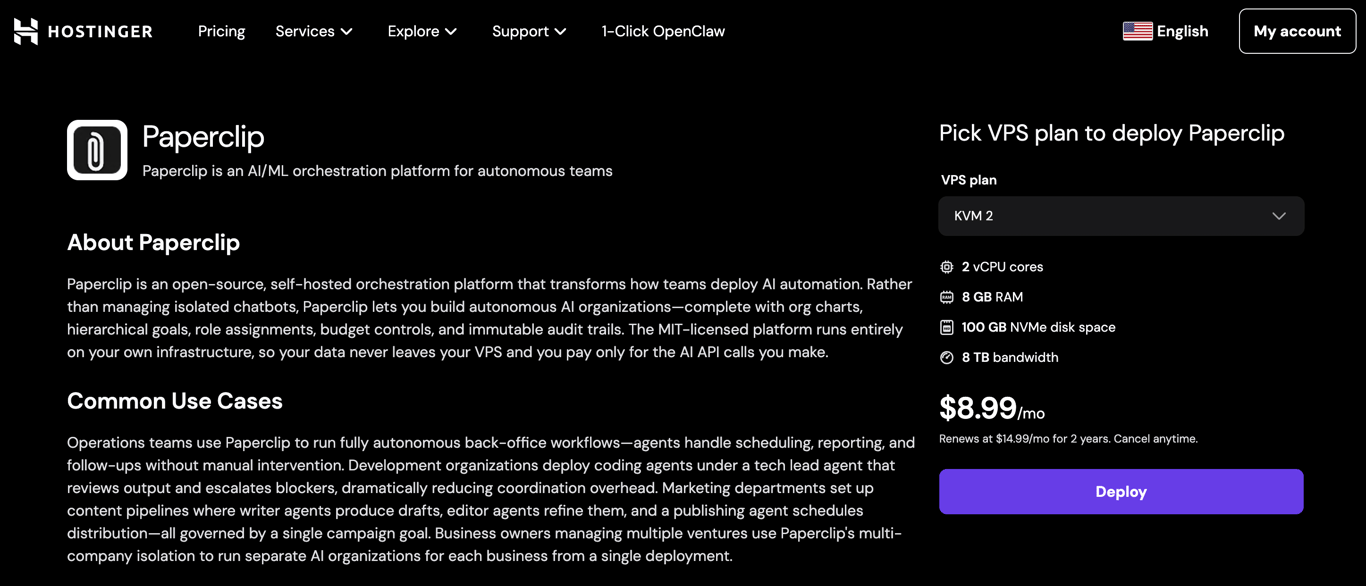 Hostinger Paperclip VPS page, where users can pick a VPS plan to deploy Paperclip.