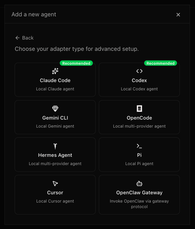 The AI adapter selection when creating a new agent on Paperclip