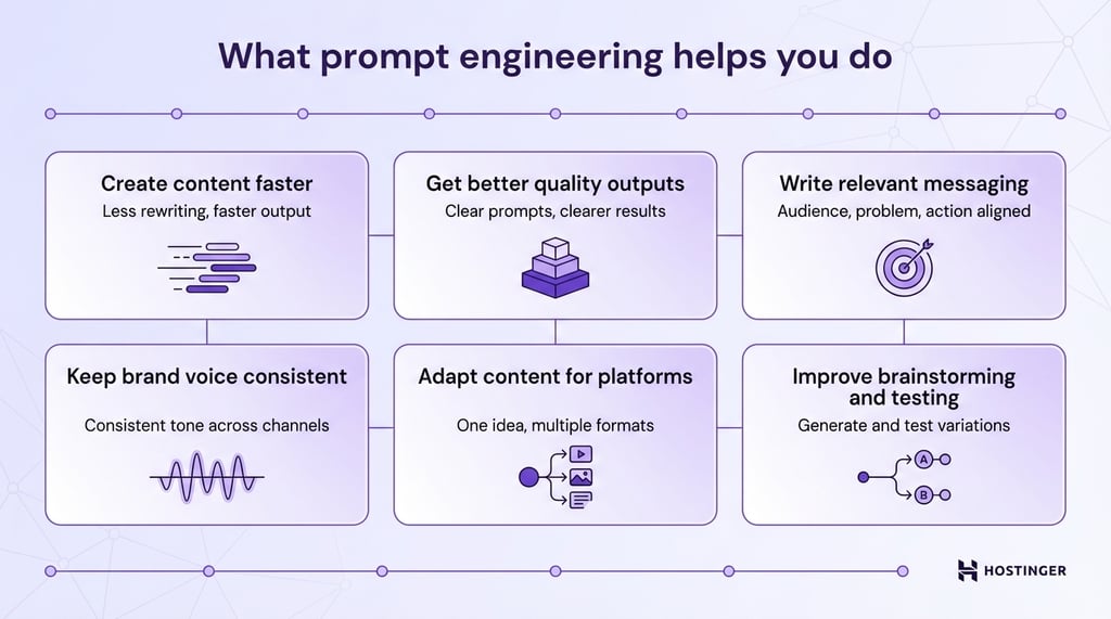 Infographic showing six benefits of prompt engineering: faster content, better quality, relevant messaging, consistent brand voice, platform adaptation, and improved testing.