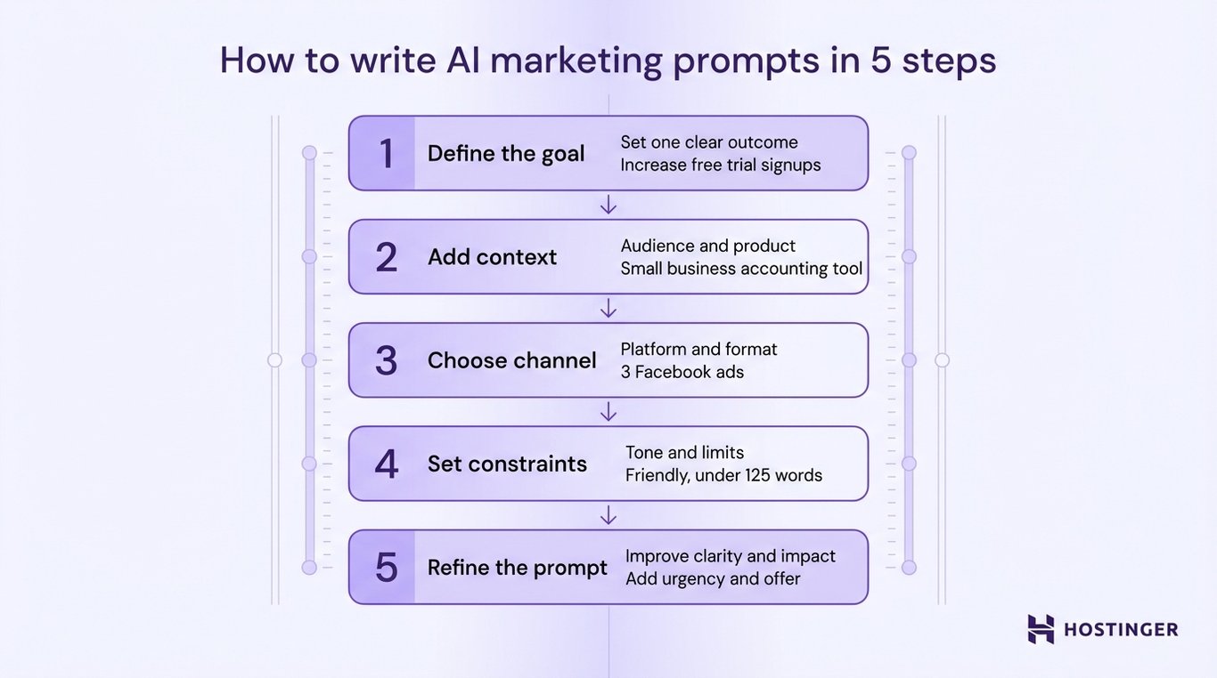 Step-by-step guide on writing AI marketing prompts: define goal, add context, choose channel, set constraints, and refine prompt for impact.