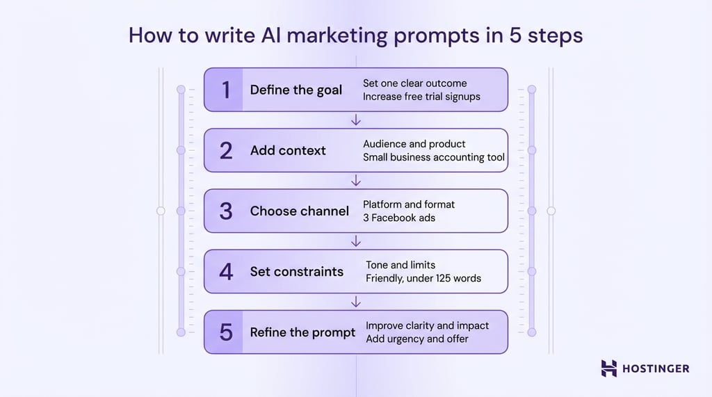 Step-by-step guide on writing AI marketing prompts: define goal, add context, choose channel, set constraints, and refine prompt for impact.
