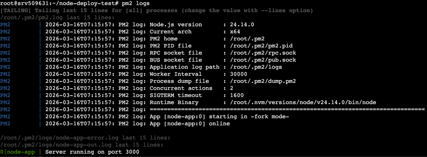 terminal-pm2-logs The pm2 logs command's output in the terminal
