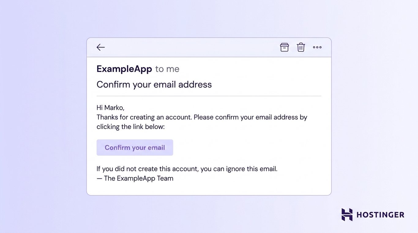 Email from ExampleApp asking user Marko to confirm their email by clicking a link, with option to ignore if unrecognized.