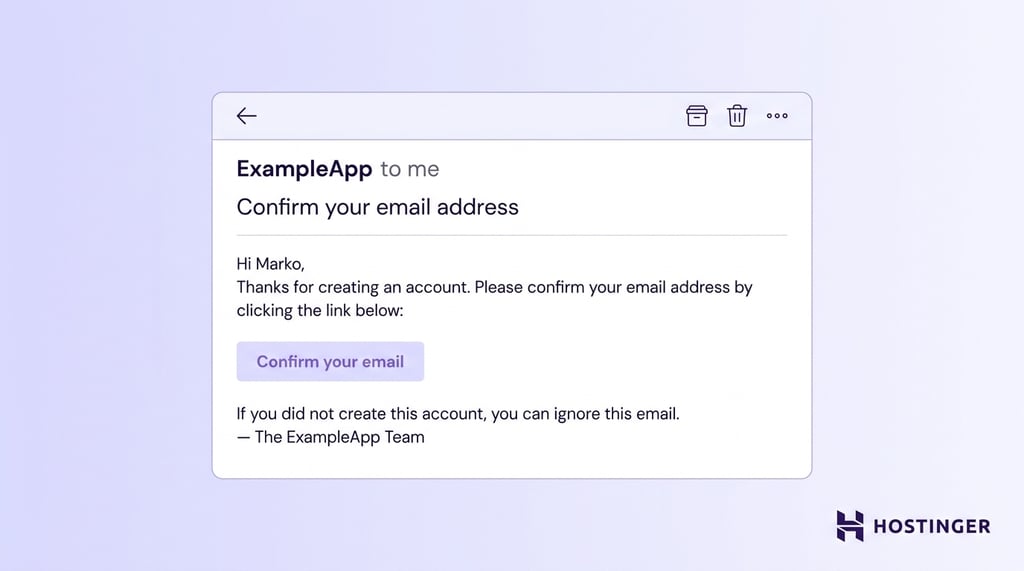 Email from ExampleApp asking user Marko to confirm their email by clicking a link, with option to ignore if unrecognized.