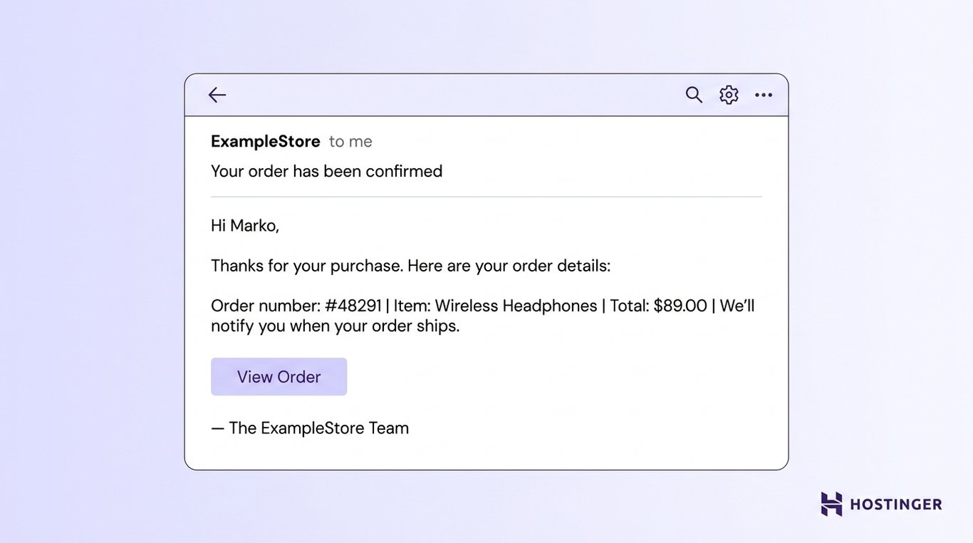 Email confirmation from ExampleStore for wireless headphones order #48291 costing , with a button to view the order details.