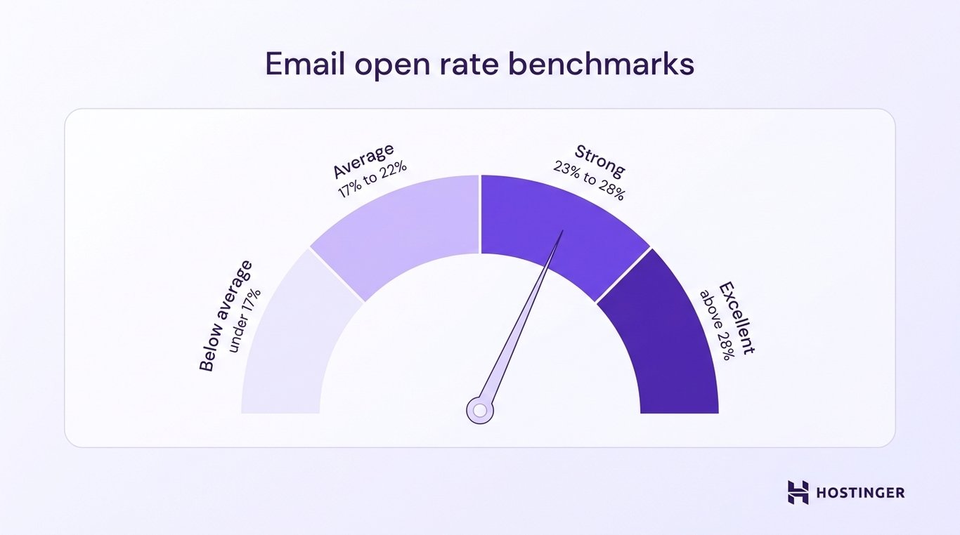 Gauge chart showing email open rate benchmarks: below average under 17%, average 17-22%, strong 23-28%, and excellent above 28%.