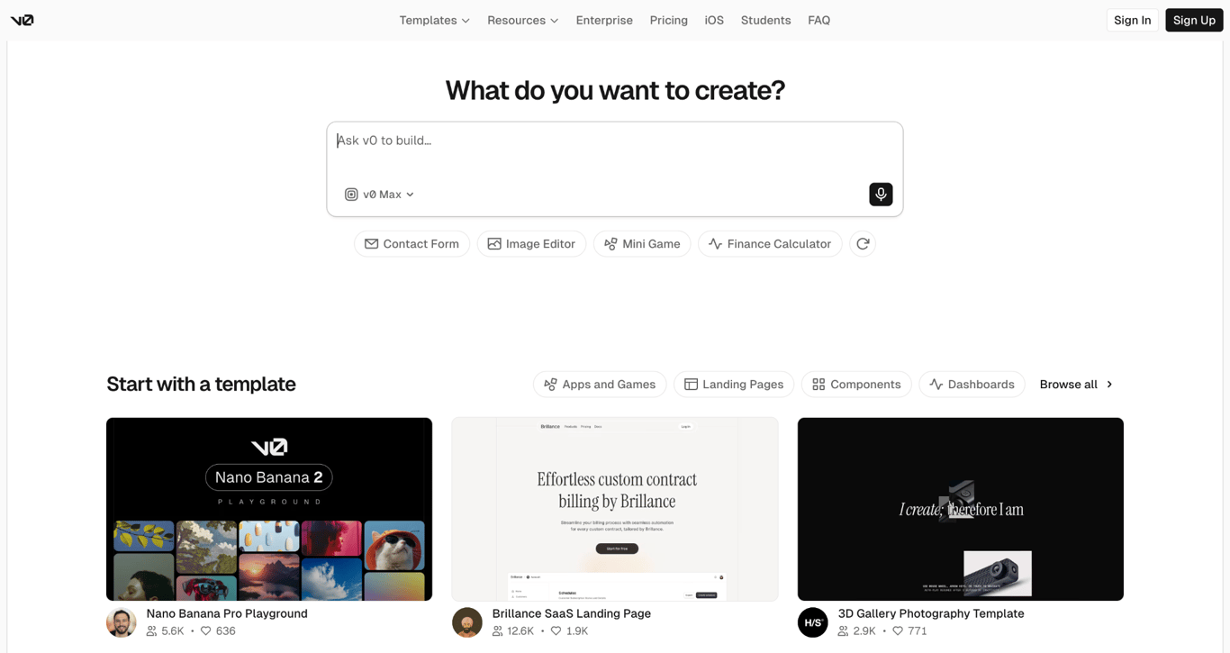 v0's landing page
