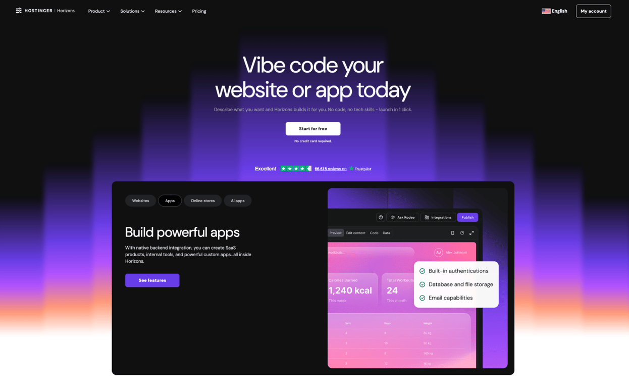 Hostinger Horizons' landing page