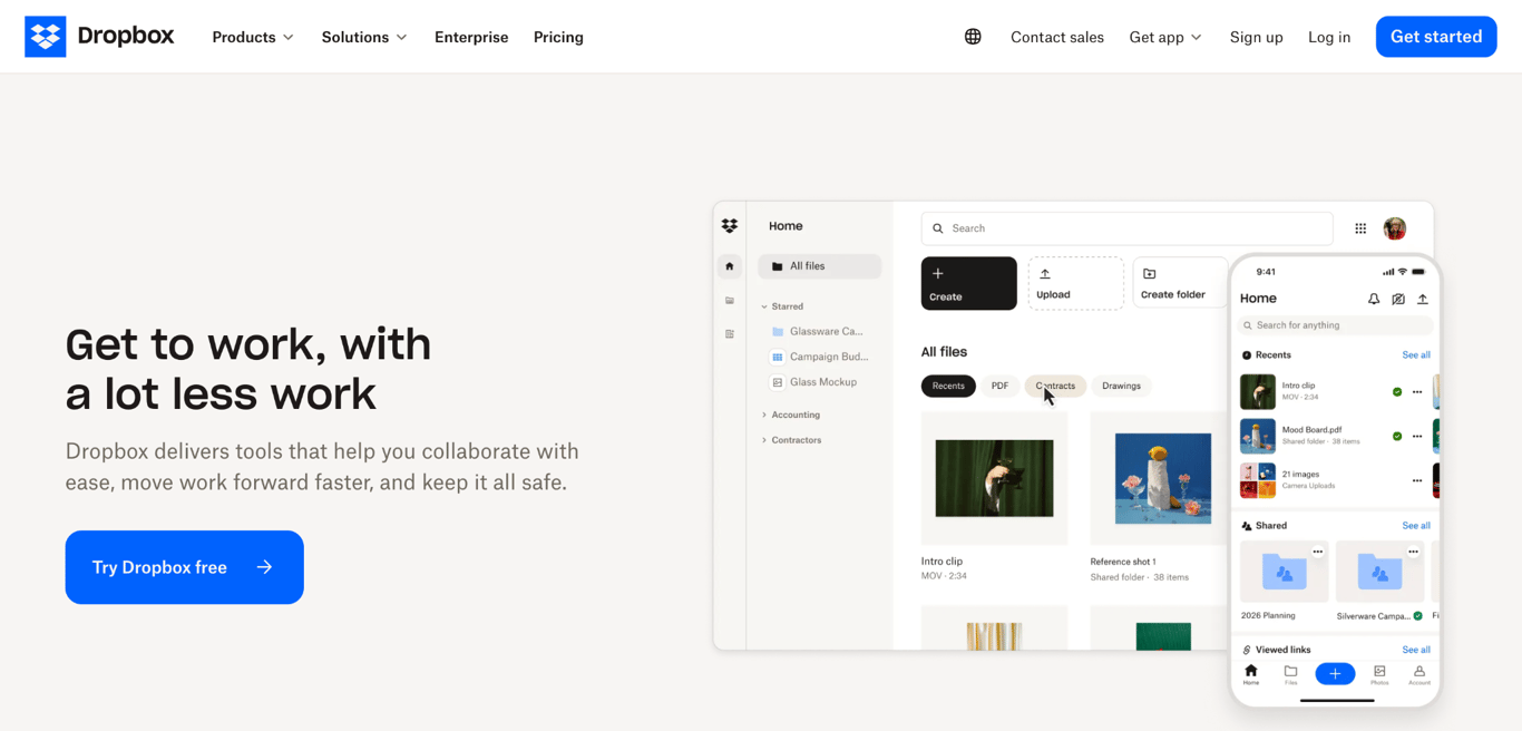 Dropbox landing page
