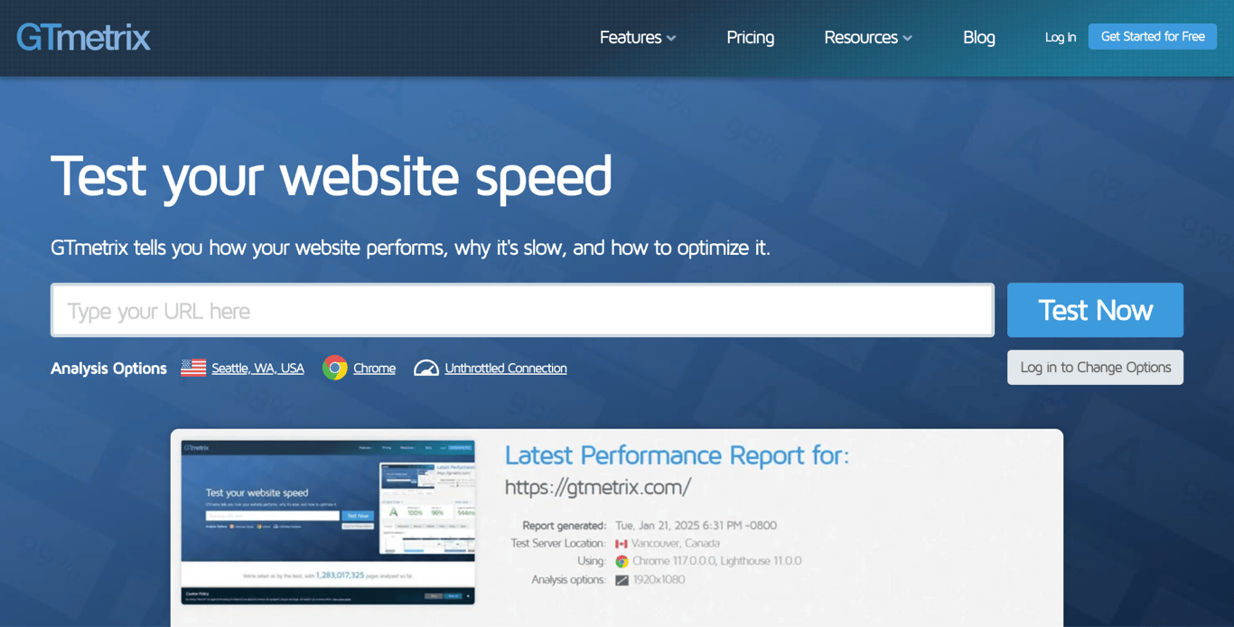 GTmetrix landing page