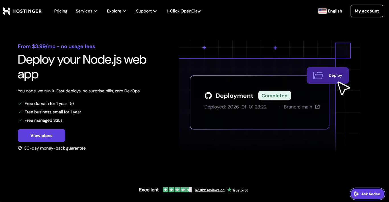 Hostinger web app hosting landing page