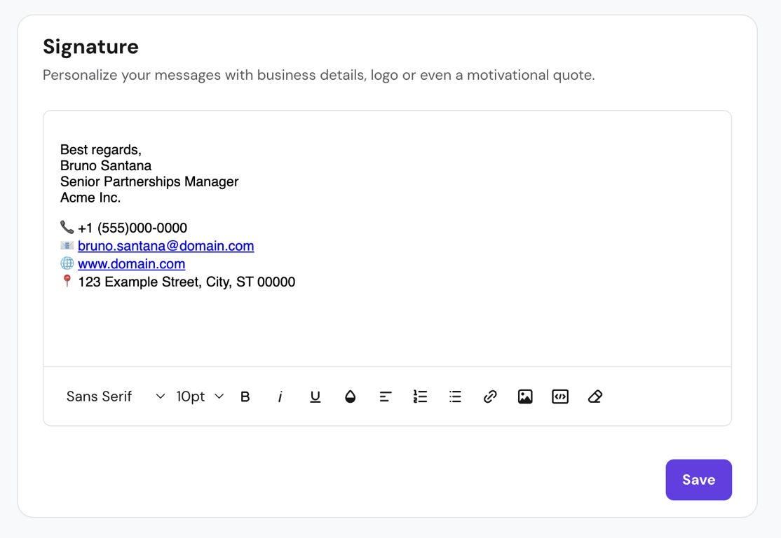 Hostinger Mail signature editor showing a completed professional signature with name, job title, company, phone number, email address, and website.