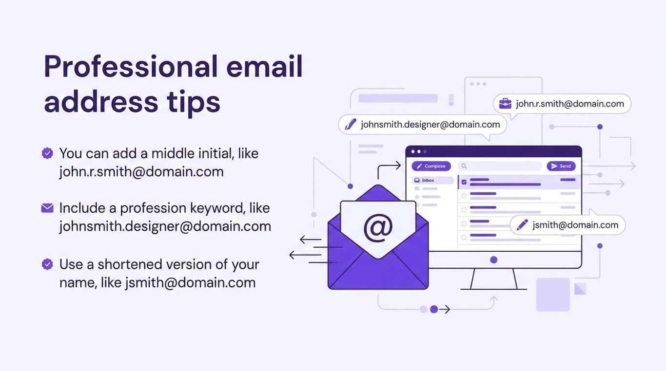 Professional email address tips: add a middle initial, include a profession keyword, use a shortened version of your name, and your location or specialty.