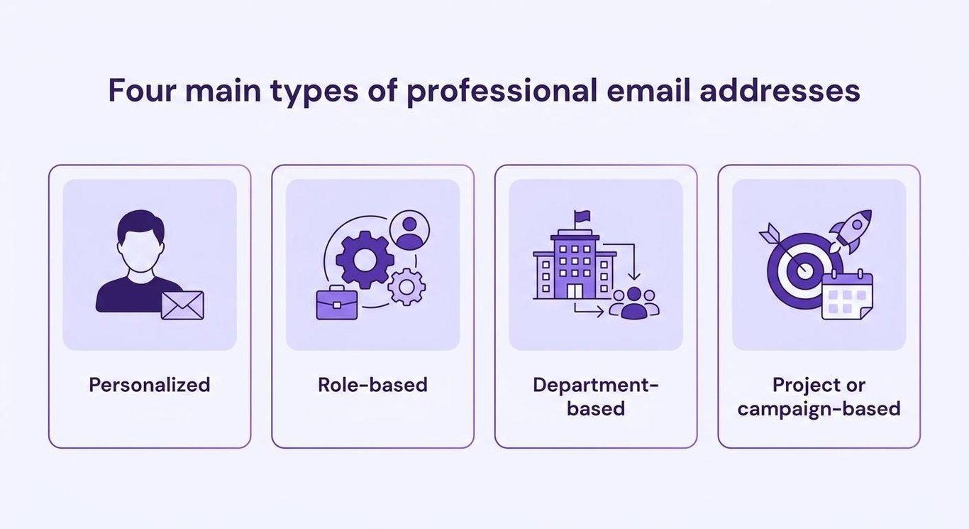 Four main types of professional email addresses: personalized, role-based, department-based, and project or campaign-based.