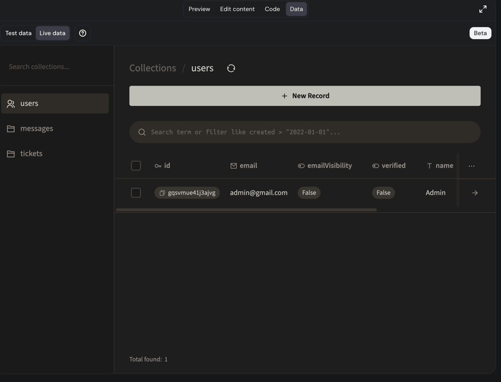 WhatsApp CRM dashboard showing the users collection with an admin record, alongside messages and tickets collections in the sidebar.