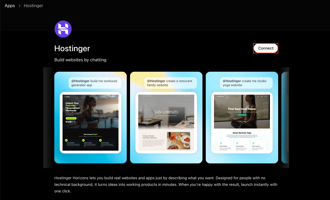The Connect button to integrate Hostinger to ChatGPT