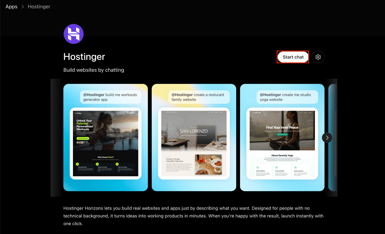 The Start chat button to start creating with Hostinger Horizons inside ChatGPT