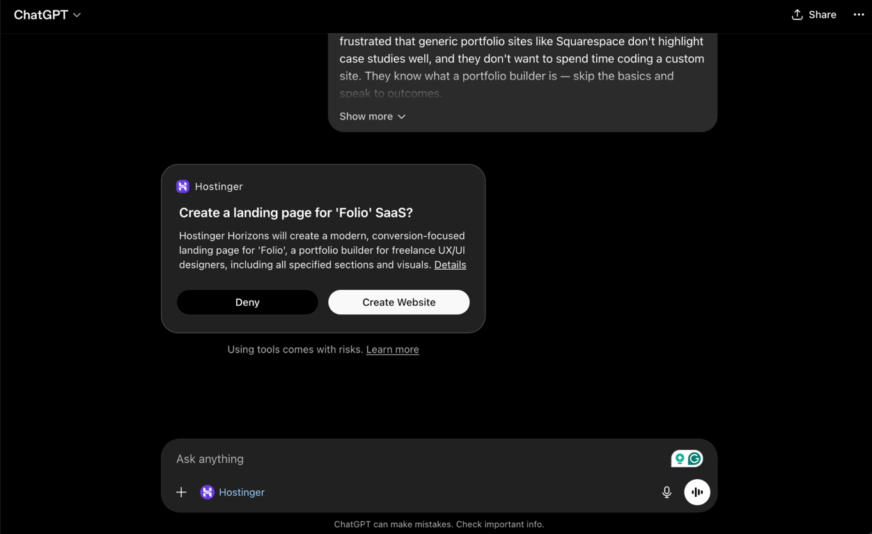 Create a website pop-up on ChatGPT integration with Hostinger