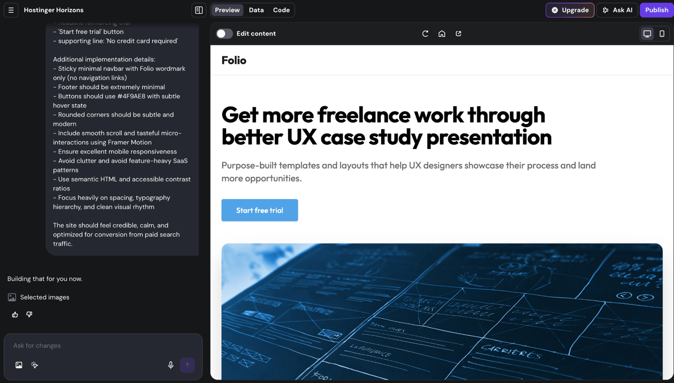 Hostinger Horizons' website-building interface