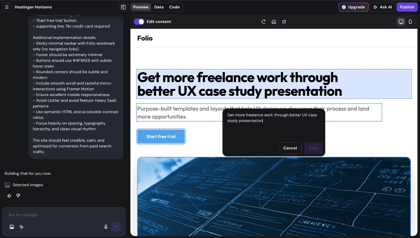 Content editor interface on Hostinger Horizons GPT