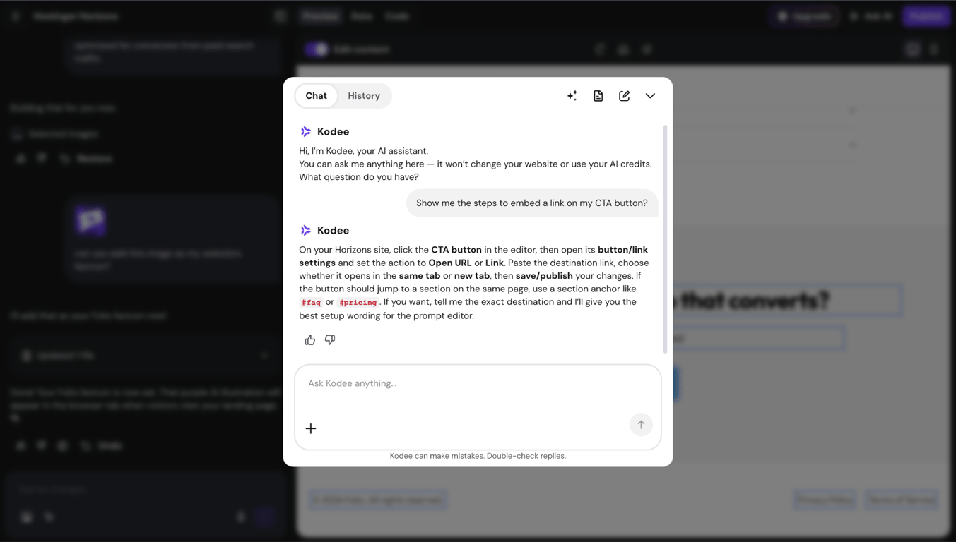 Kodee window opened over a Hostinger Horizons interface